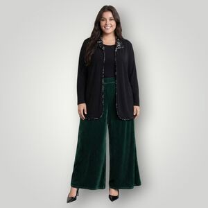 Chico's Travelers Womens Size 2 L Black Open Cardigan Floral Trim Quiet Luxury